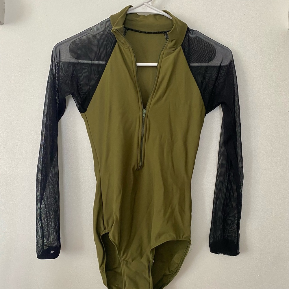 Eleve Dancewear Olive Green Black Mesh Ballet Leotard